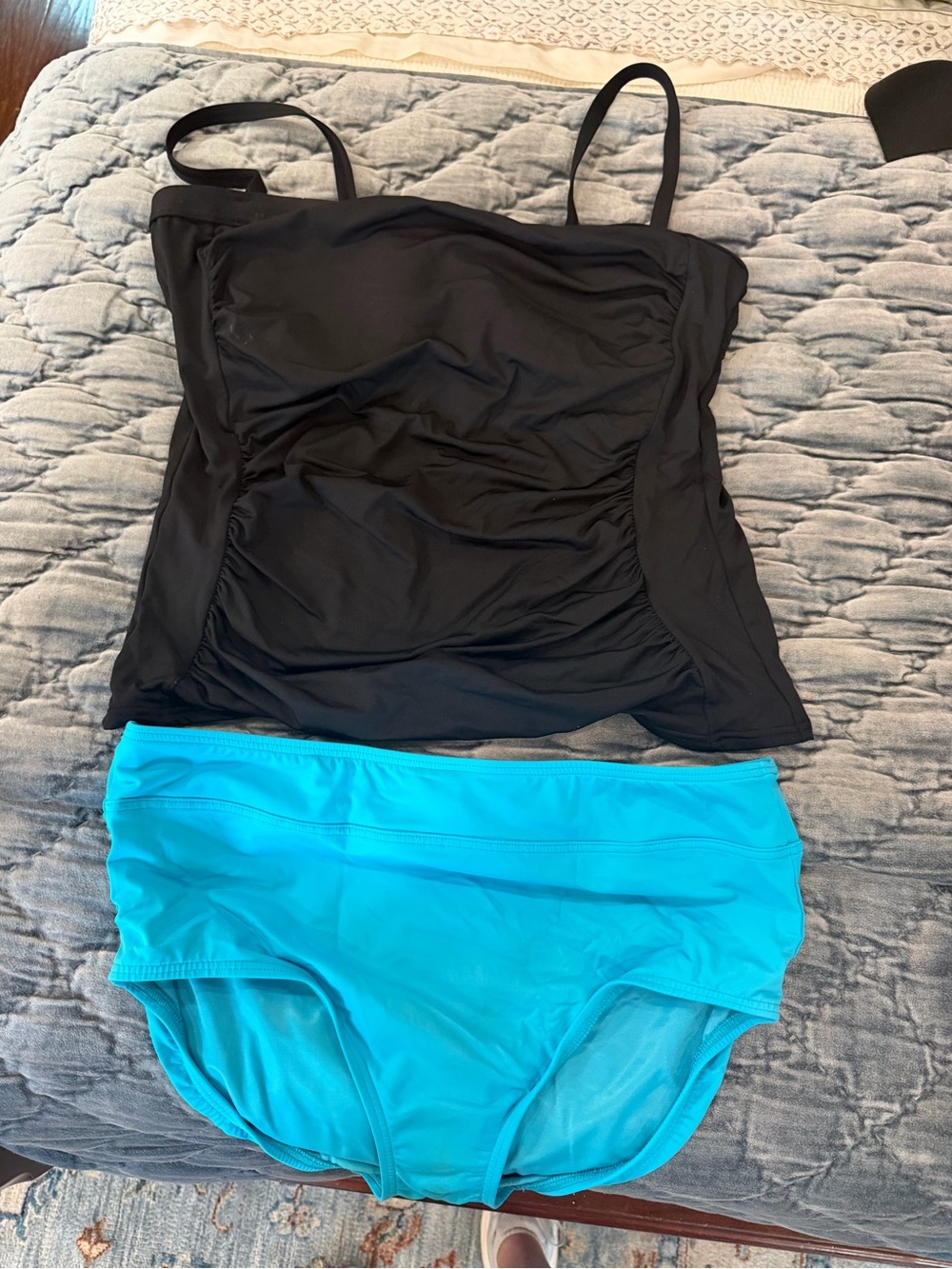 Lands' End Black Tankini Top with Aqua Blue Bikini Bottoms